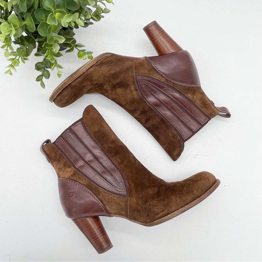 Ugg Olivia Brown Suede Leather Fur Heeled Chelsea Boot Size 8.5 Winter